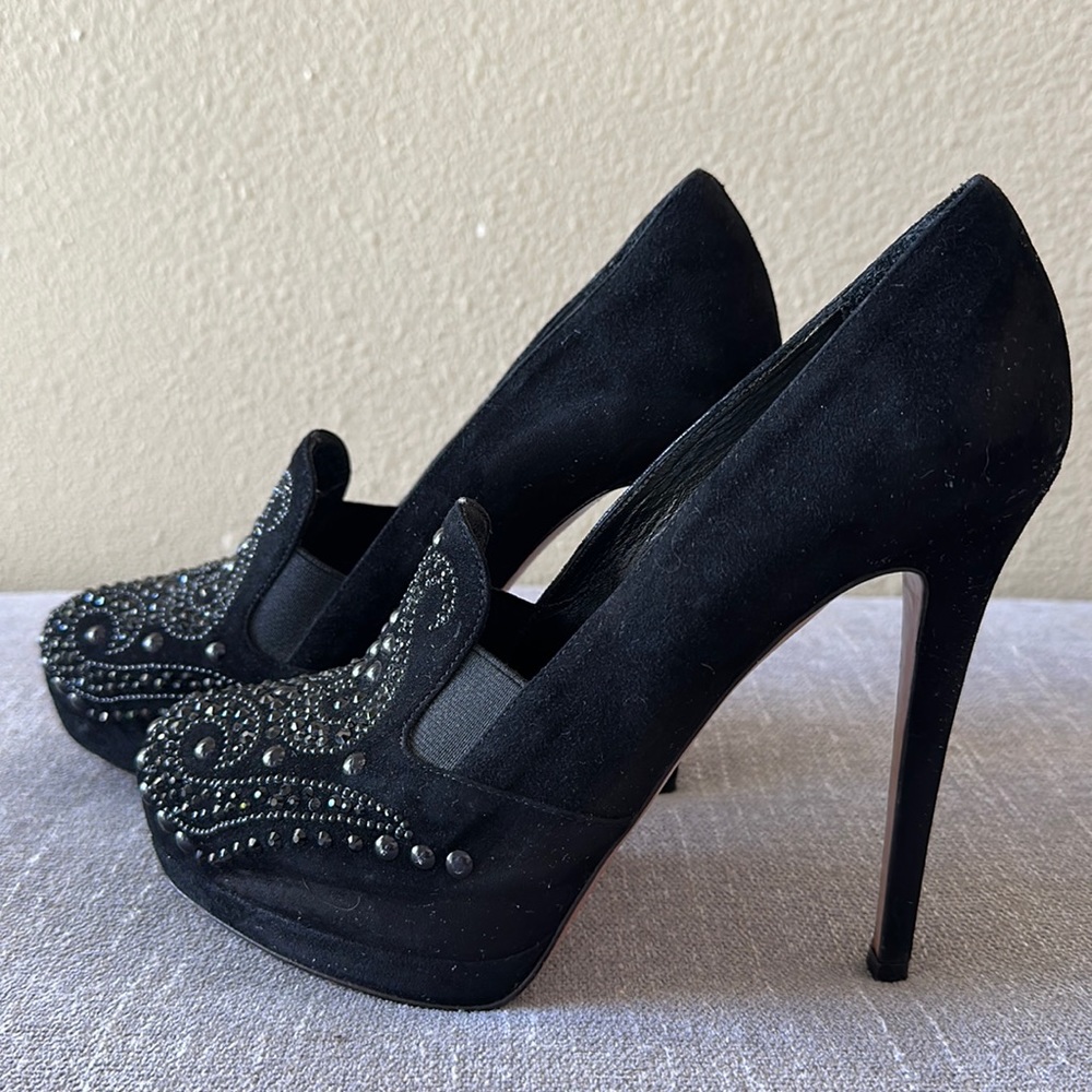 Francesco Sacco Black Suede Rhinestone Studded Heels Size 37